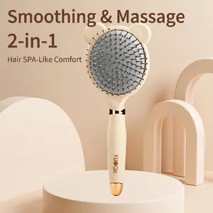 Minimalist beige scalp massage hairbrush with cute bear ears and rounded bristles