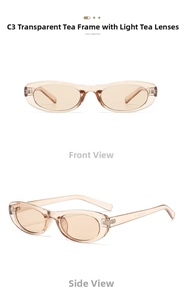 Detail view of oval tea-colored sunglasses showing front and side slim frame profiles