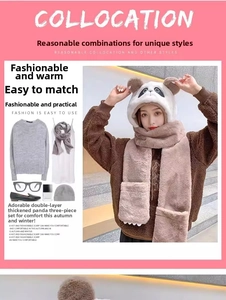 Plush 3-in-1 panda winter set with hat, scarf and pockets in beige thick faux fur