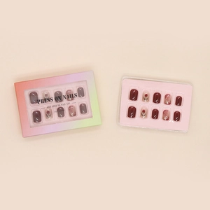 Dark cherry red press-on nails set featuring tulip art and gold foil in window box