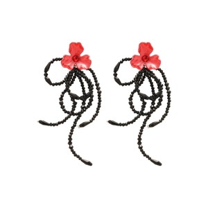 Élégantes boucles d'oreilles fleur rouge avec franges de perles noires tendance