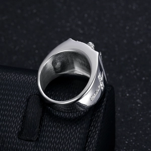 Polished silver stainless steel ring with hollow cross design and clear zircon stones