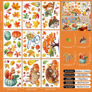 Détails de 9 feuilles de stickers électrostatiques d'automne avec feuilles et animaux