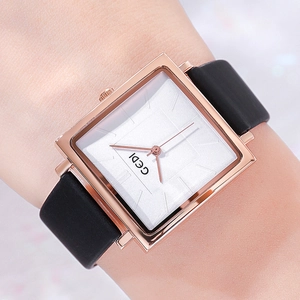 Women's vintage square watch with rose gold case, white dial, and black leather strap