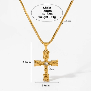 Technical view showing 56+5cm length and dimensions of gold cross pendant necklace
