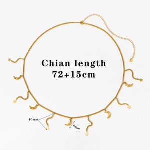 Detail of gold waist chain showing star moon pendants and dimensions 72+15cm chain length