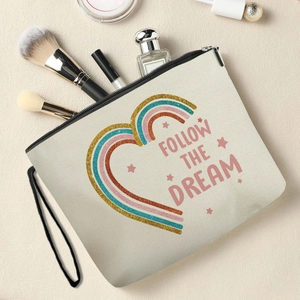 Rainbow Heart Makeup Bag Fine Linen Cosmetic Pouch With Wristlet Follow The Dream Print Travel Toiletry Organizer Women