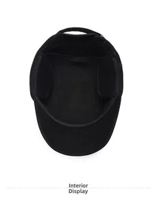 Close-up of winter flat top cap featuring warm fleece lining and foldable ear flaps
