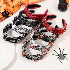 Halloween Knotted Headband Spider Web Skull Prints Faux Artificial Pearls Rhinestones Cloth High Top Hair Band Party Accessory For Women