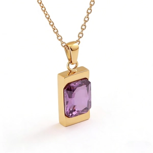 Minimalist rectangular purple gemstone pendant with golden stainless steel chain
