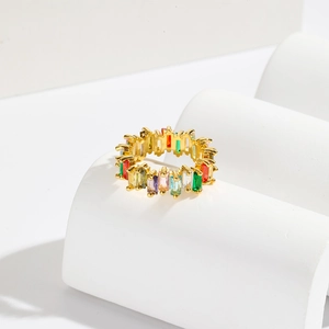 18K gold plated ring featuring multi-color rectangular AAA cubic zirconia in a rainbow row