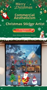 Detail of Christmas window stickers featuring Santa, reindeer, and snowman motifs
