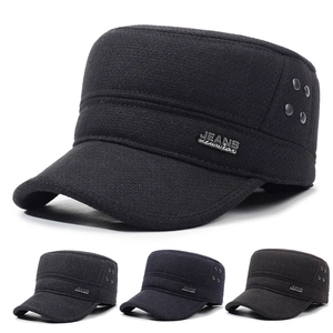 Men Cadet Cap Winter Warm Thickened Wool Blend Flat Top Hat With Earflaps Outdoor Windproof Adjustable Military Style