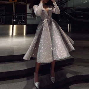 Elegant silver grey V-neck sequined cocktail dress with long sleeves and pleated skirt