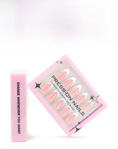 Detailed view of pink French press-on nails in premium 30-piece box packaging