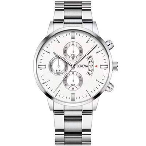Men's stainless steel watch with white dial, three subdials, and date window