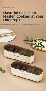Macro view of cream seasoning box featuring four separate compartments and small spoons