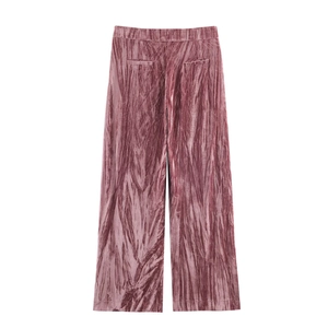 Pink purple velvet wide leg trousers with pleated texture on white background