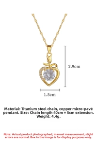 Detailed view of titanium steel gold heart necklace with sparkling zircon and measurements