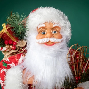 Classic Santa Claus figure with plush beard, glasses, and gift bag for Christmas decor