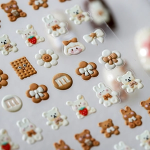 3D embossed bear and rabbit nail stickers with colorful bows and daisy patterns