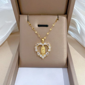Virgin Mary Heart Pendant Necklace Stainless Steel Copper Zircon Religious Vintage Gold Jewelry For Women