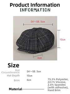 Detailed view of checkered octagonal cap with measurements and material specs