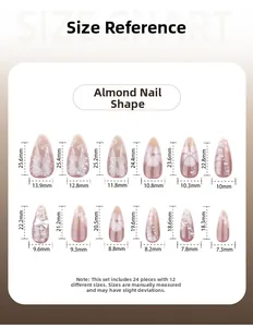 Tableau des tailles pour faux ongles amande avec dimensions de longueur et largeur