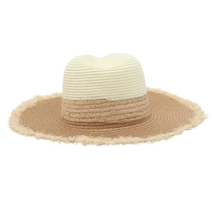 Detail of two-tone woven straw hat featuring fringe edges and rustic vacation design