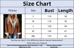 Size chart for vintage corduroy jacket with measurements for S to XXL sizes