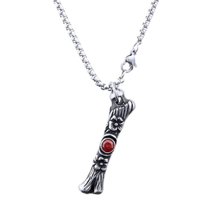 Vintage stainless steel bar pendant necklace with red gem and floral relief