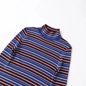 Classic turtleneck knitted sweater with wine red and blue horizontal stripes for autumn