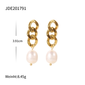 Detail of gold Cuban chain earrings with pearl drops showing 3.91cm length and weight
