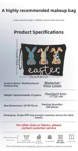Easter rabbit cosmetic bag dimensions 17x25cm with linen texture and zipper detail