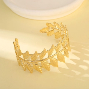 Minimalist double gold leaf titanium steel cuff bracelet with elegant leaf vein textures