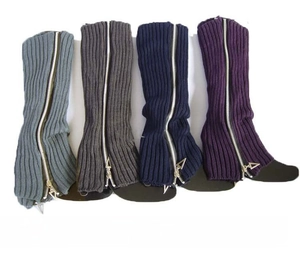 Knit leg warmers with zippers in denim blue, grey, dark blue and purple colors
