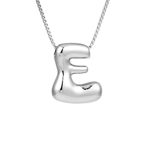 Macro shot of silver bubble letter E pendant necklace with smooth liquid metal finish