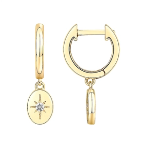 Macro detail of gold S925 sterling silver starburst earrings with zircon and padlock charm