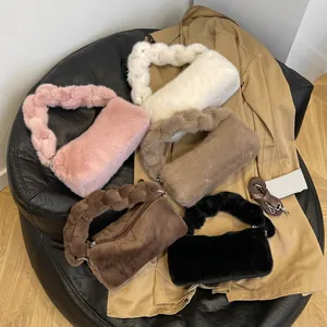 Women Plush Faux Fur Underarm Bag Twisted Handle Adjustable Strap Small Crossbody Handbag Simple Fashionable Daily Accessory