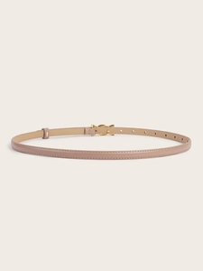 Detail of a beige leather belt featuring a polished gold H-shaped metal buckle and holes