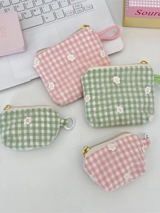 Gingham Flower Embroidery Coin Purse Polyester Lipstick Storage Bag With Artificial Pearl Zipper Charm Portable Mini Pouch