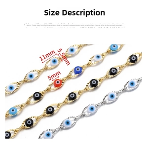 Detailed view of 5mm evil eye beaded chains with 11x5.5mm golden stainless steel links