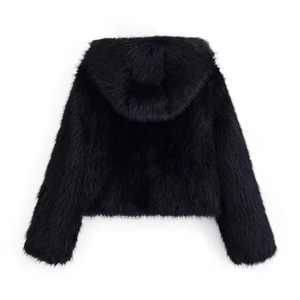 Short black faux fur hooded jacket for women with premium plush texture back view