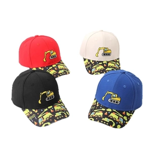 Kids breathable baseball caps with excavator embroidery and contrast color brim designs