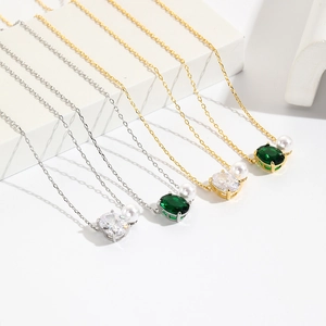 Elegant Oval Zircon And Artificial Pearl Pendant Necklace For Women Light Luxury Minimalist Brass Clavicle Chain