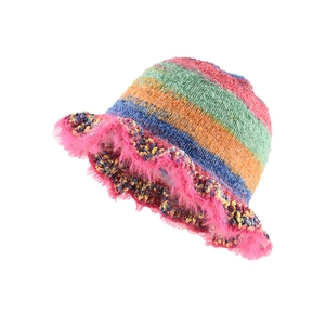 Colorful oil painting gradient knitted bucket hat with plush rainbow stripes for women