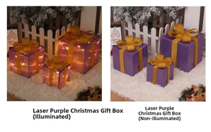 Illuminated laser purple Christmas gift box set with gold ribbons and internal LED lights