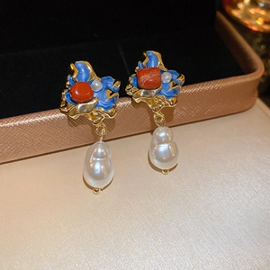 Vintage gold earrings with blue enamel, red gemstone and white baroque pearls