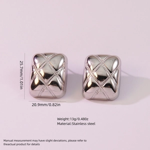 Detail showing checkered texture and dimensions of stainless steel geometric earrings