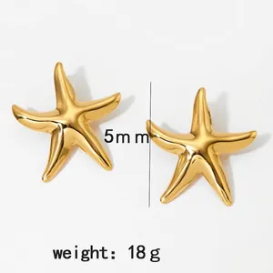 Polished golden starfish stud earrings made of stainless steel, 18g weight, 5mm thickness
